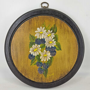 Vintage floral flowers berry Painting signed on wood cottage core painting